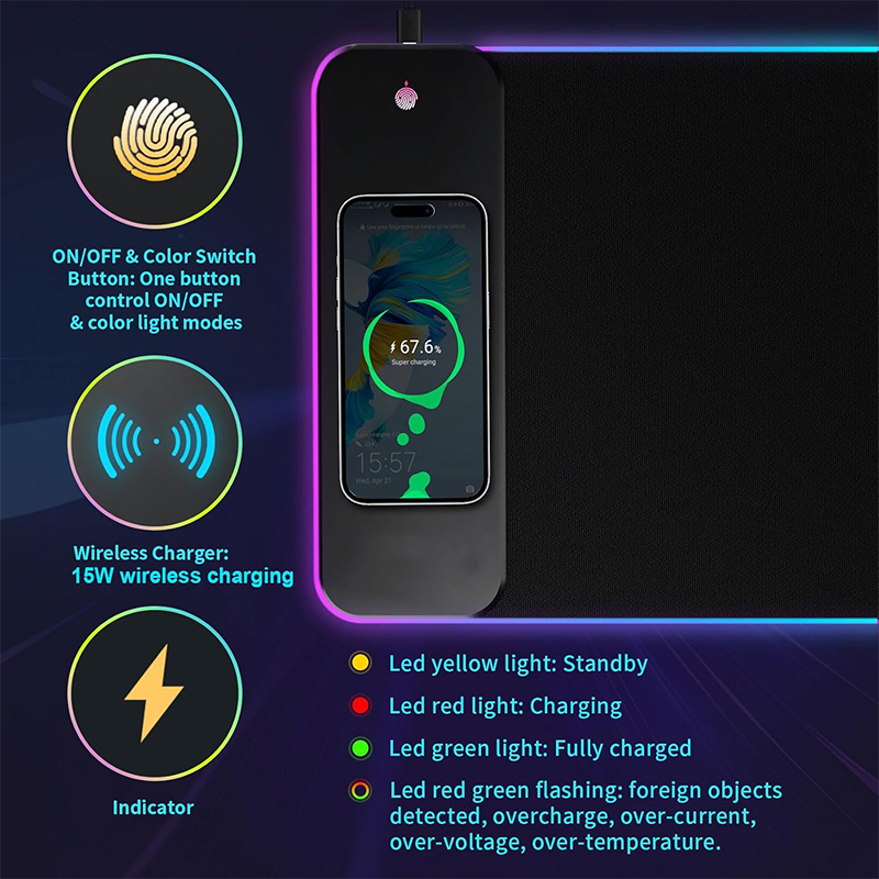 Custom 15W Wireless Charging RGB Gaming Mouse Pad for Gaming