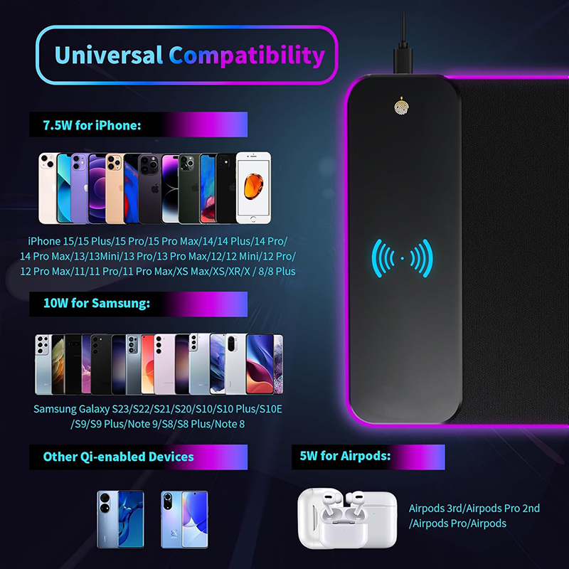 Custom 15W Wireless Charging RGB Gaming Mouse Pad for Gaming